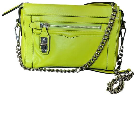 Rebecca Minkoff Leather Crossbody Bag Clutch  Zip Up Neon Yellow Silver Curblink - Picture 6 of 15